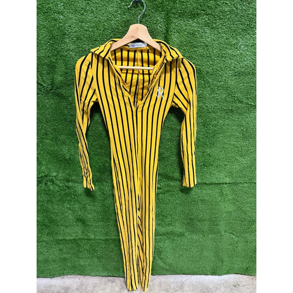 So Real Yellow Black Striped Zip Jumpsuit XS